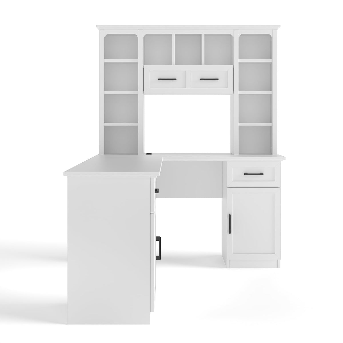 65 Inch White L Shaped Computer Desk with Hutch and Drawers T39128