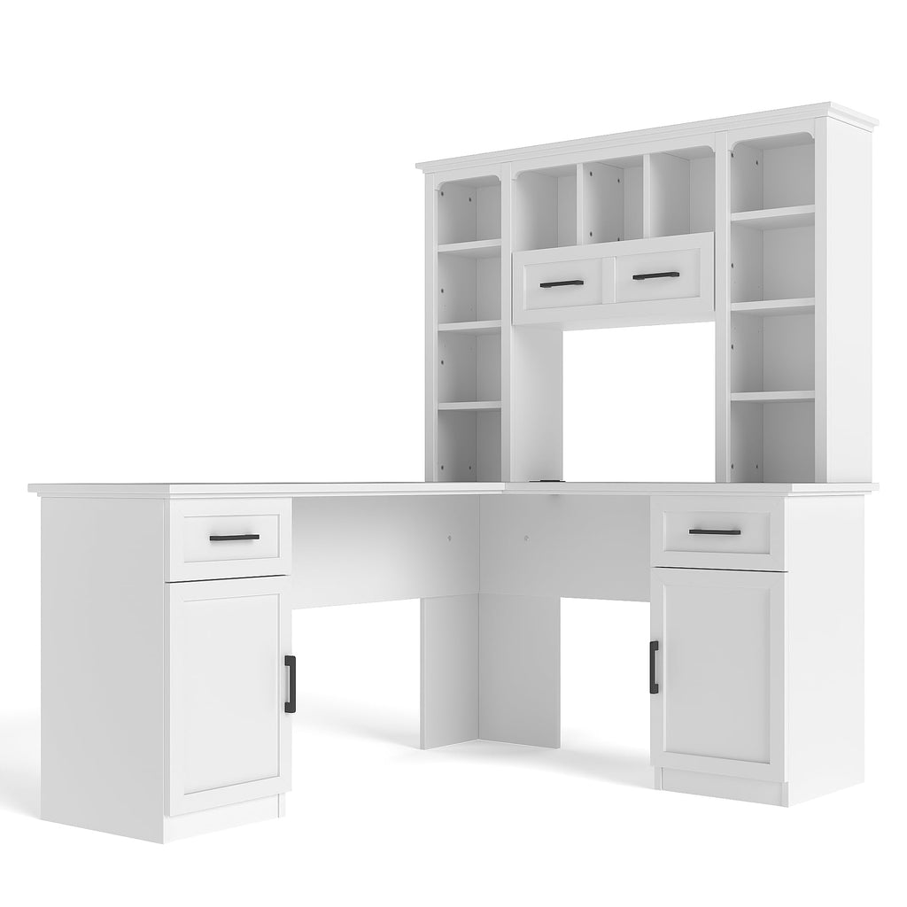 65 Inch White L Shaped Computer Desk with Hutch and Drawers T39128