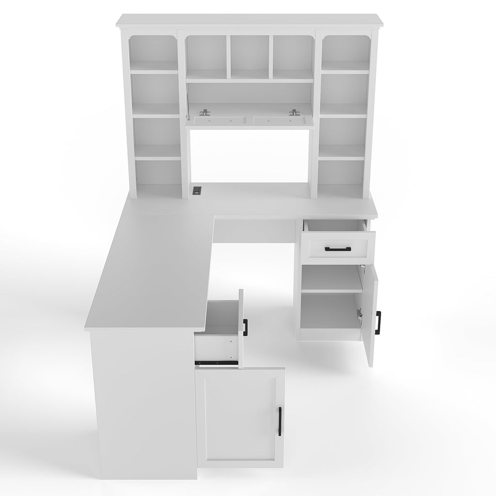65 Inch White L Shaped Computer Desk with Hutch and Drawers T39128