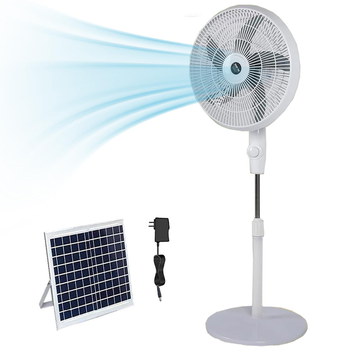 16" Oscillating Solar Floor Fan, Height Adjustable, 10000mah Battery, 3 Speeds, White I7021