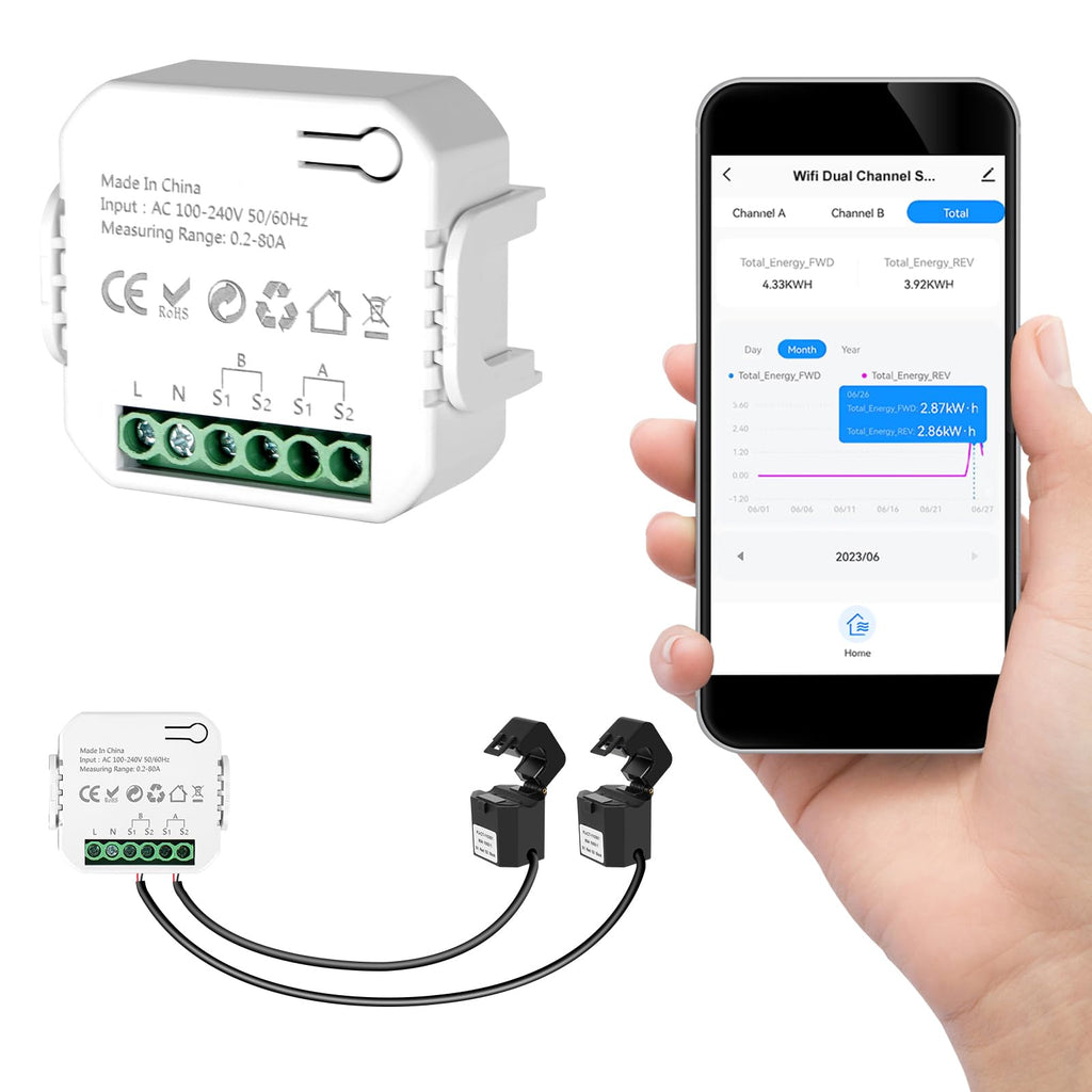 Smart Home Energy Monitor 2×80A Dual-Channel WiFi Energy Meter with App Control T5767