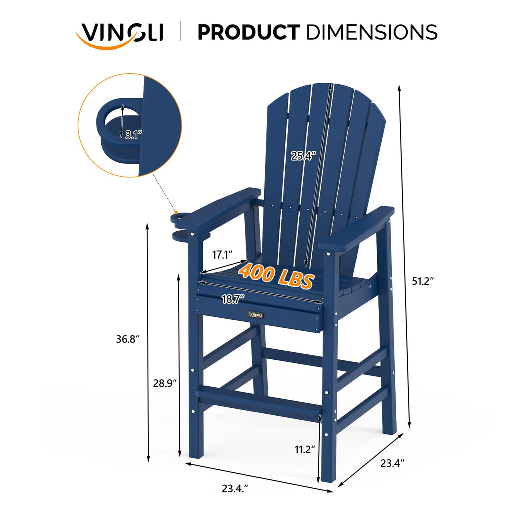 Tall Adirondack Chairs Set of 2, All-Weather Plastic with Cup Holders, Navy Blue W6971