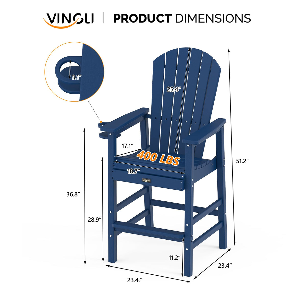 Tall Adirondack Chairs Set of 2, All-Weather Plastic with Cup Holders, Navy Blue W6971