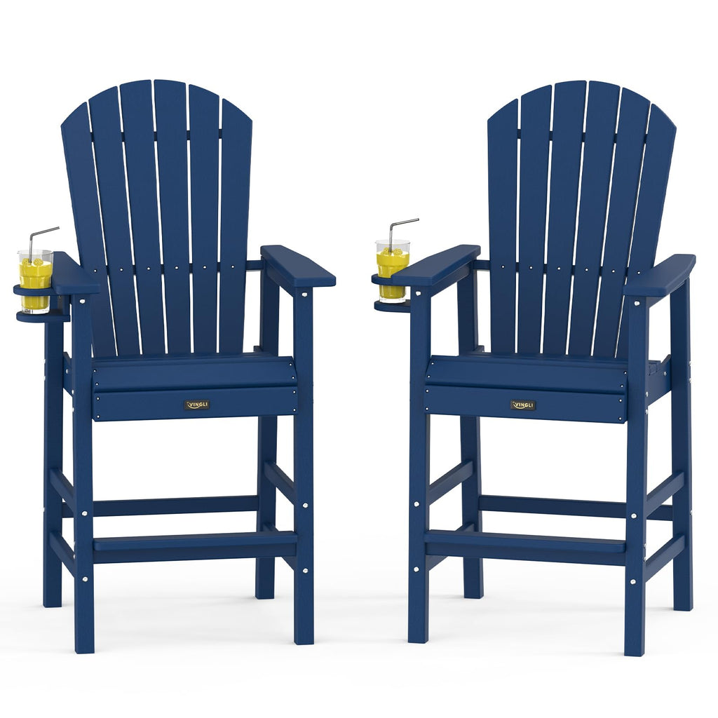 Tall Adirondack Chairs Set of 2, All-Weather Plastic with Cup Holders, Navy Blue W6971