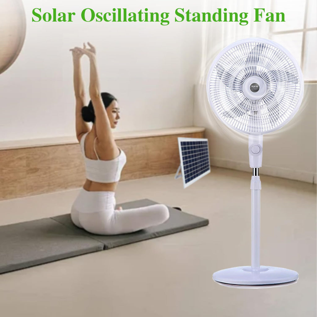 16" Oscillating Solar Floor Fan, Height Adjustable, 10000mah Battery, 3 Speeds, White I7021
