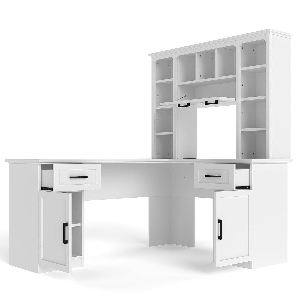 65 Inch White L Shaped Computer Desk with Hutch and Drawers T39128