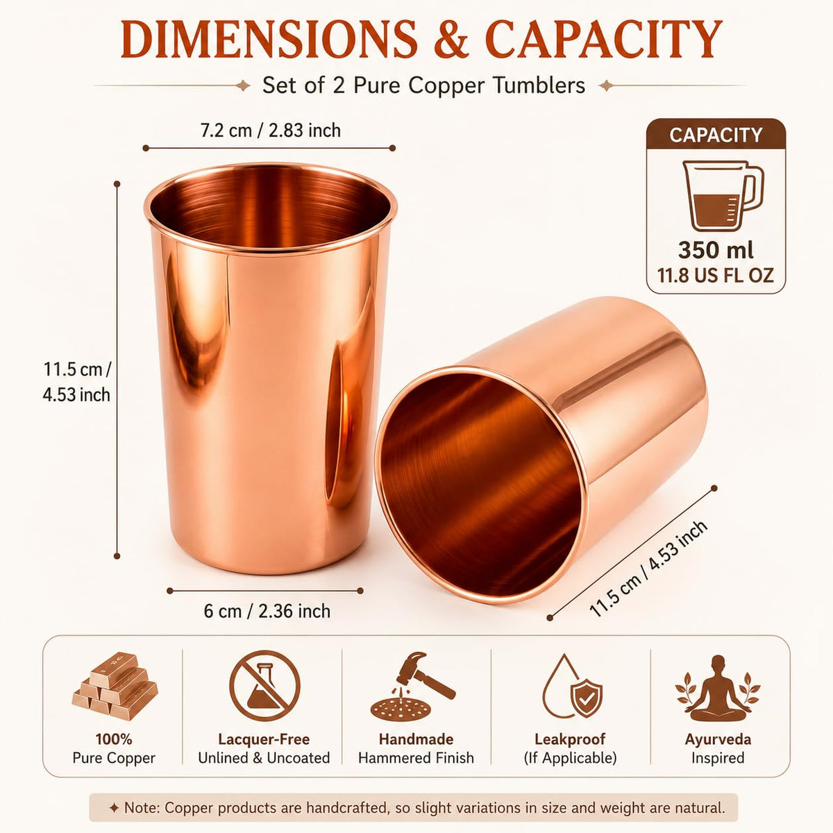 Copper Drinking Cups Set of 2, 350ml Unlined Uncoated K170278