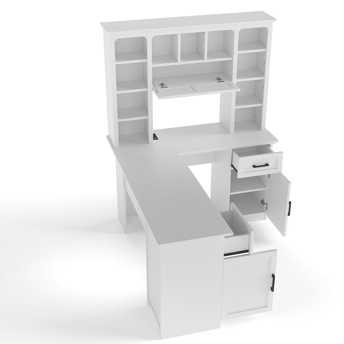 65 Inch White L Shaped Computer Desk with Hutch and Drawers T39128
