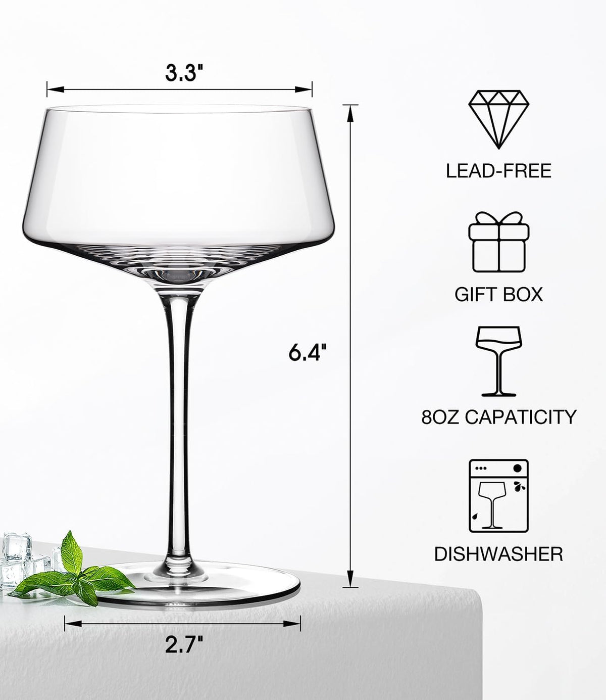 Hand Blown Martini Glasses Set of 4, 8 oz Crystal Cocktail Glass L169