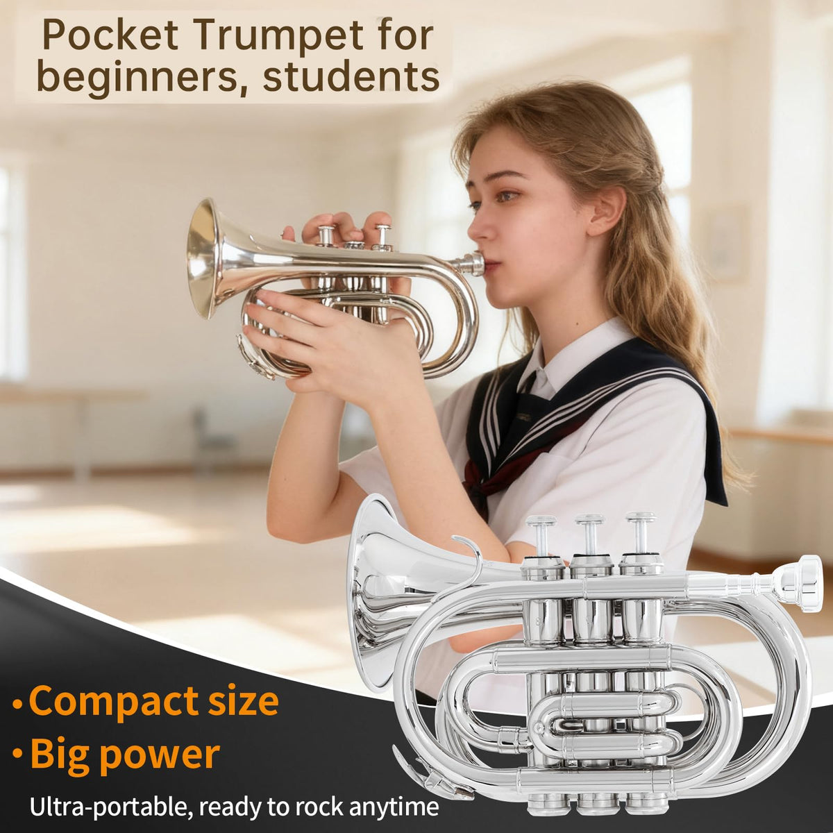 Bb Portable Pocket Trumpet with Case, 7C Mouthpiece and Cleaning Kit P123