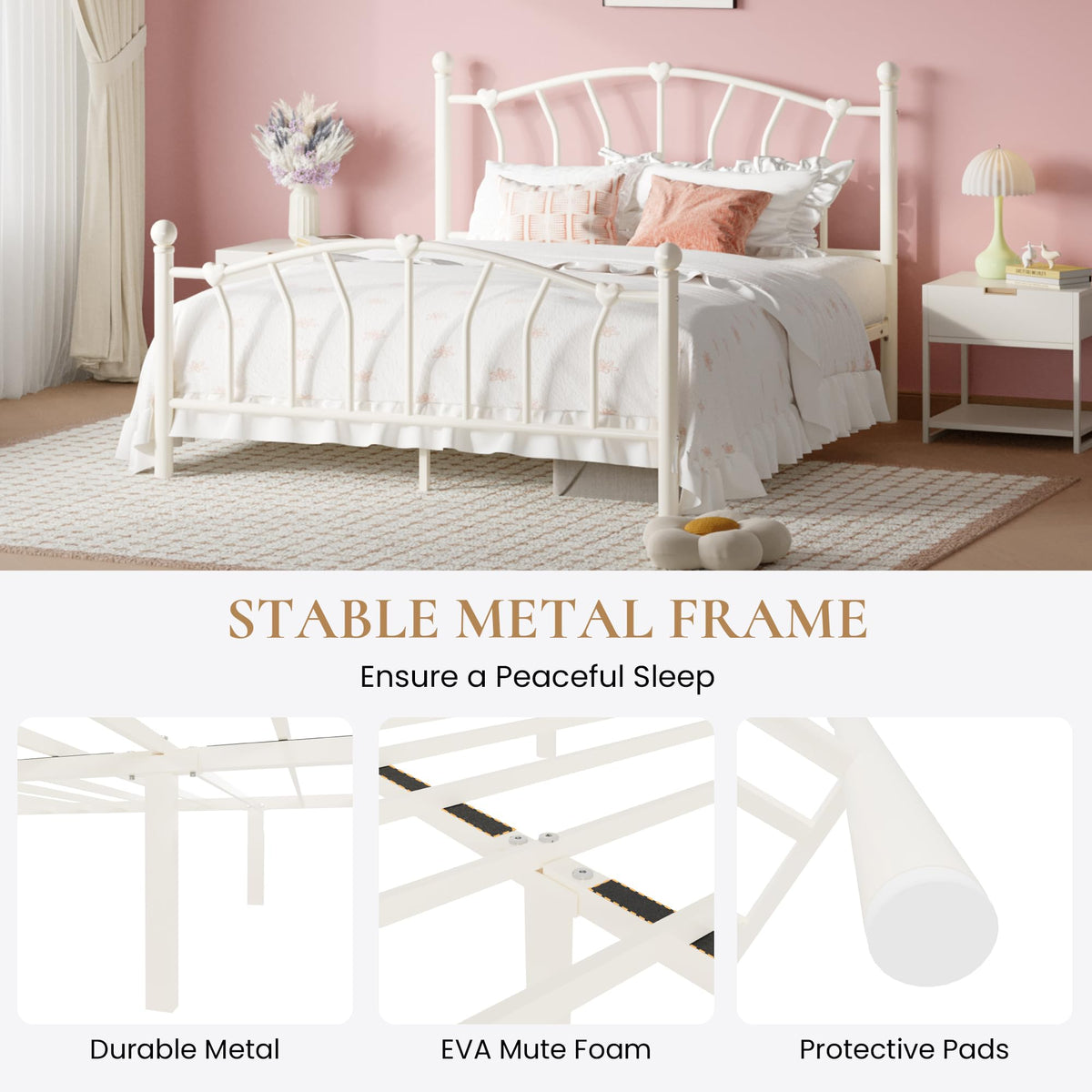 Full Size Cream White Metal Bed Frame Q6076