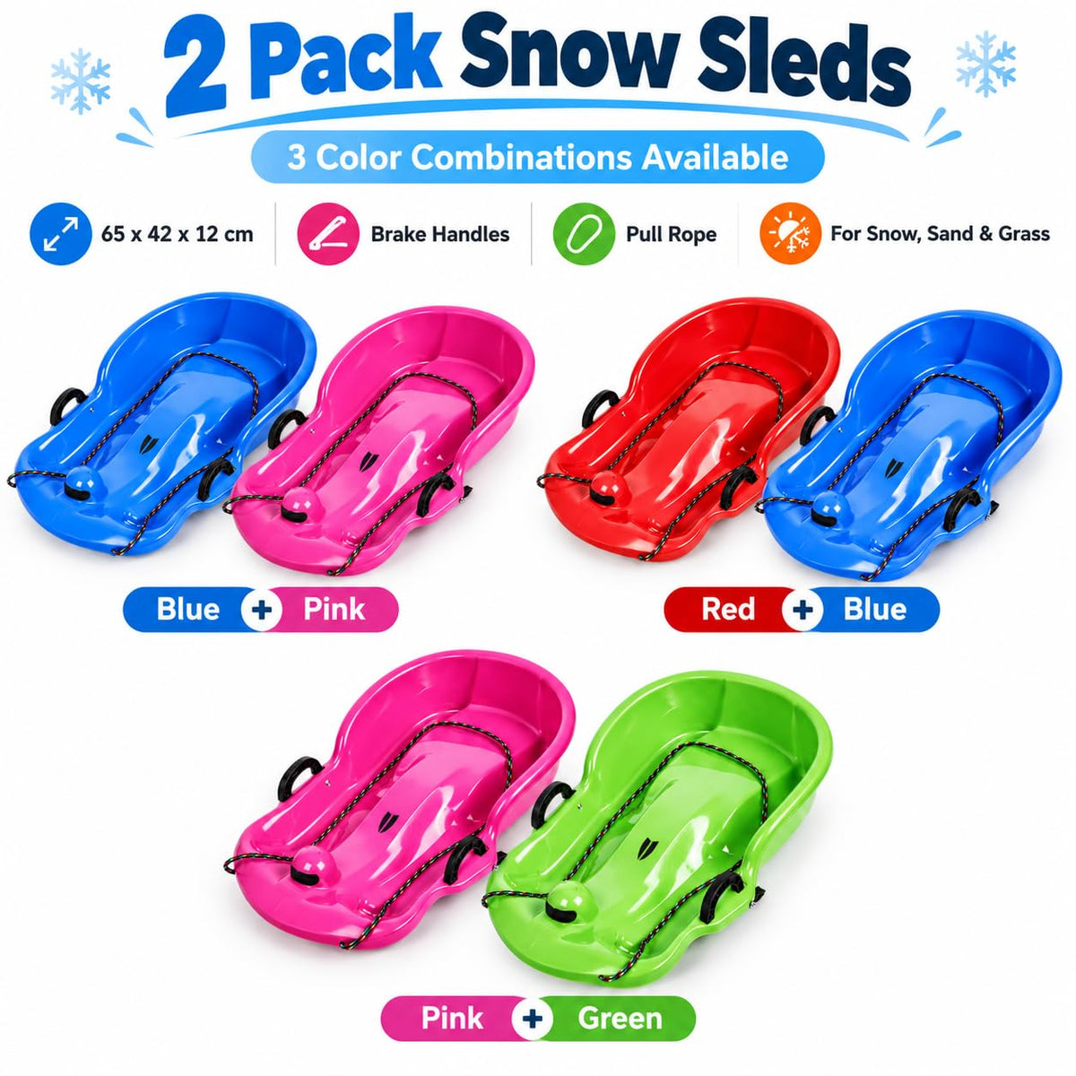 2 Pack 65cm Plastic Snow Sleds with Brake Handles and Pull Rope S844942