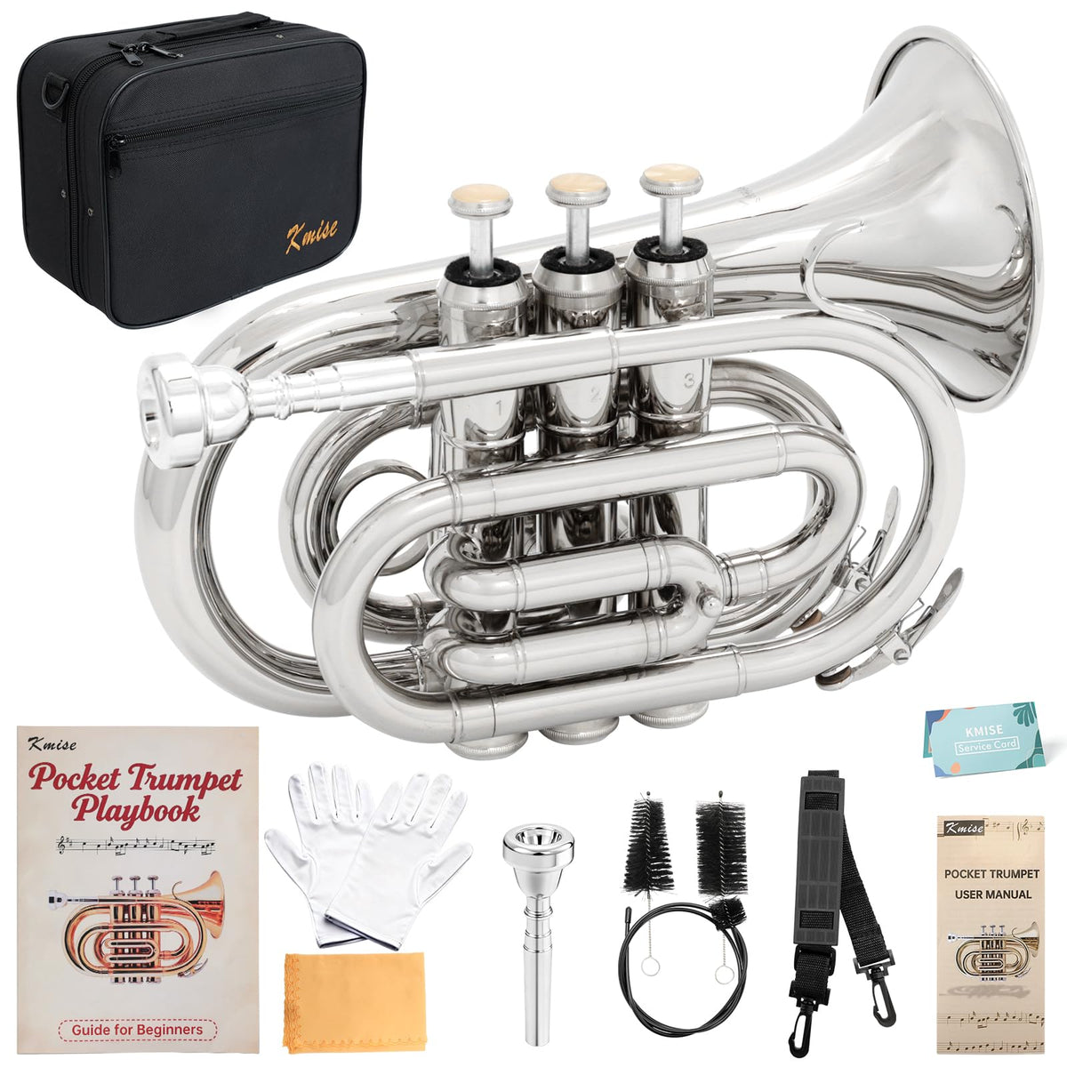 Bb Portable Pocket Trumpet with Case, 7C Mouthpiece and Cleaning Kit P123