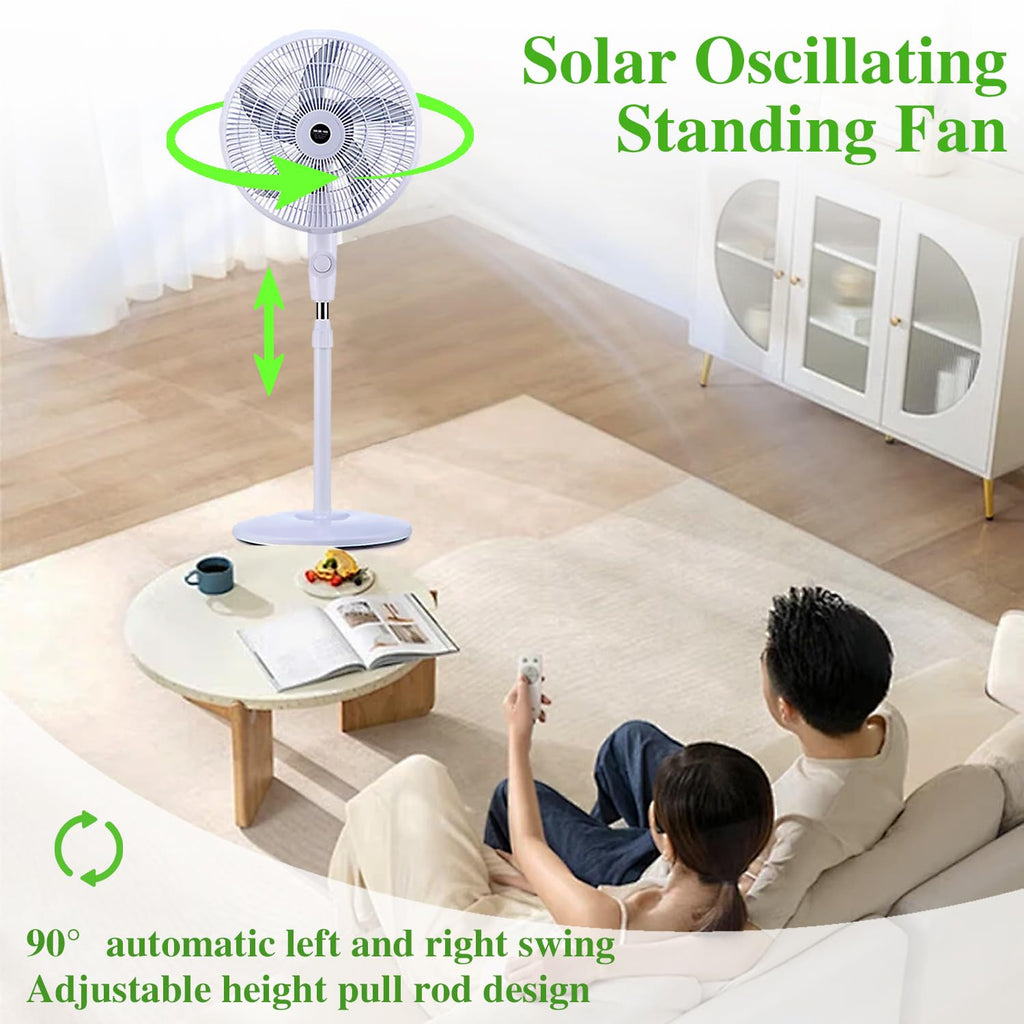 16" Oscillating Solar Floor Fan, Height Adjustable, 10000mah Battery, 3 Speeds, White I7021