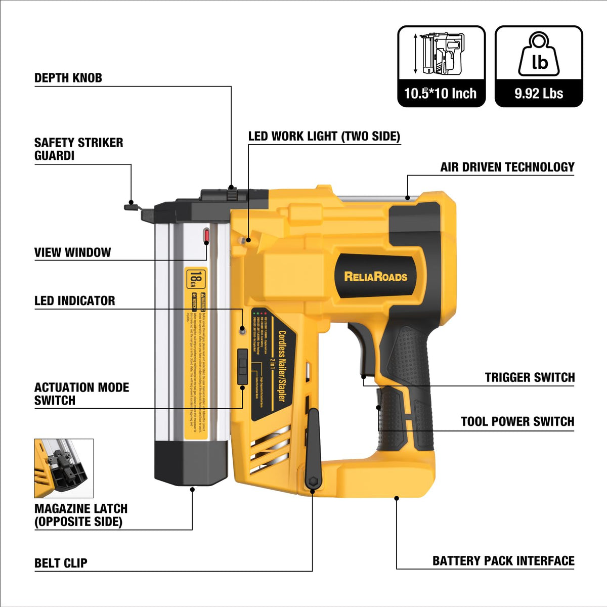 2" Cordless Brad Nailer 18GA Battery Powered Nail Gun with Toolbag Z716