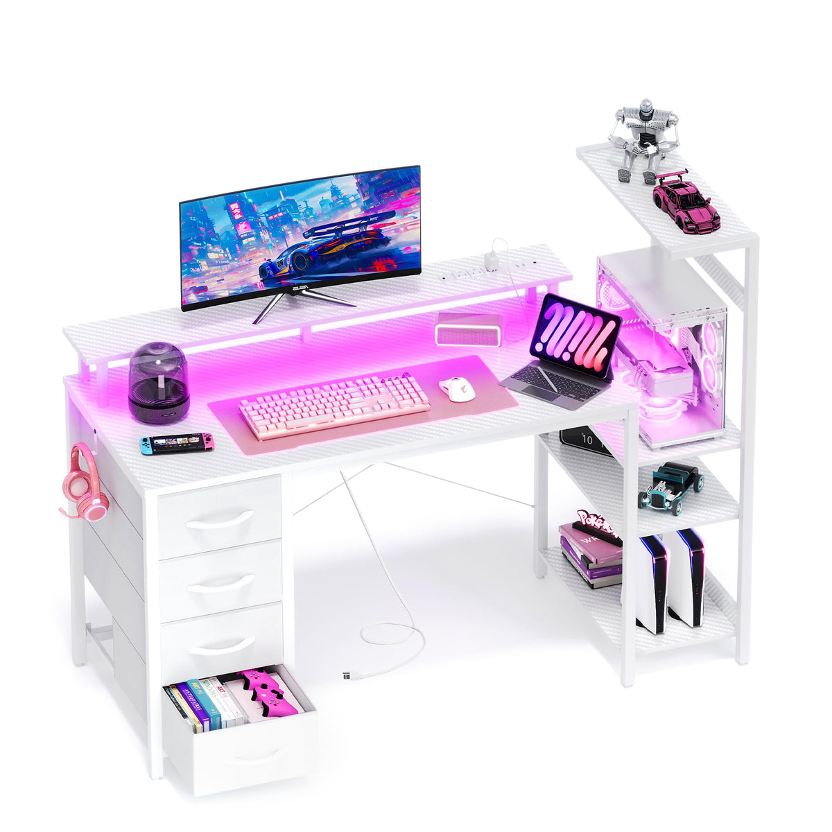 51 Inch White Gaming Desk with Drawers N455071