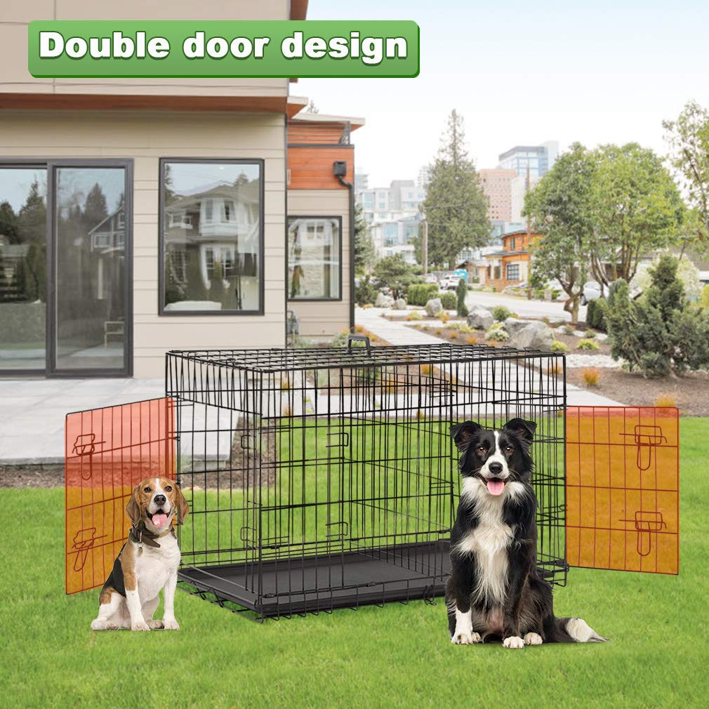 Large Double Door Folding Dog Crate with Divider and Tray E48211