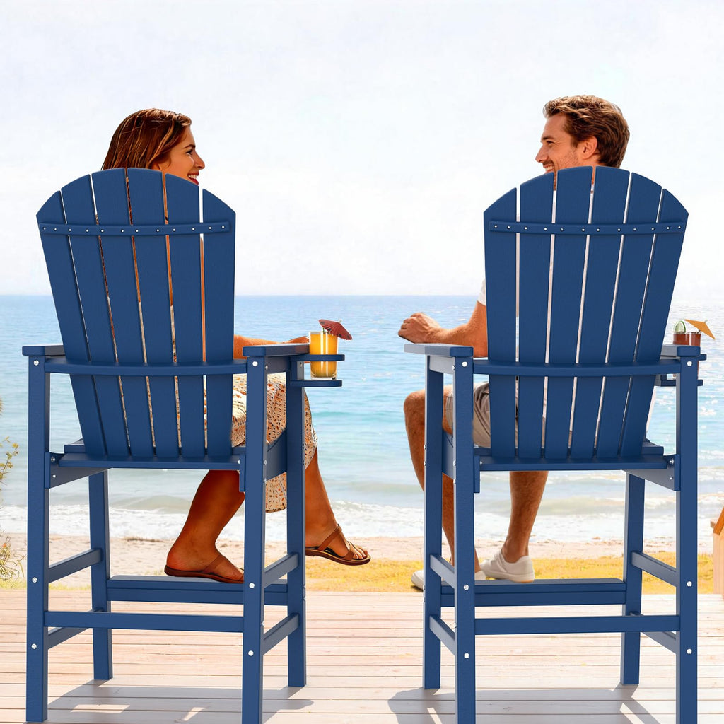 Tall Adirondack Chairs Set of 2, All-Weather Plastic with Cup Holders, Navy Blue W6971