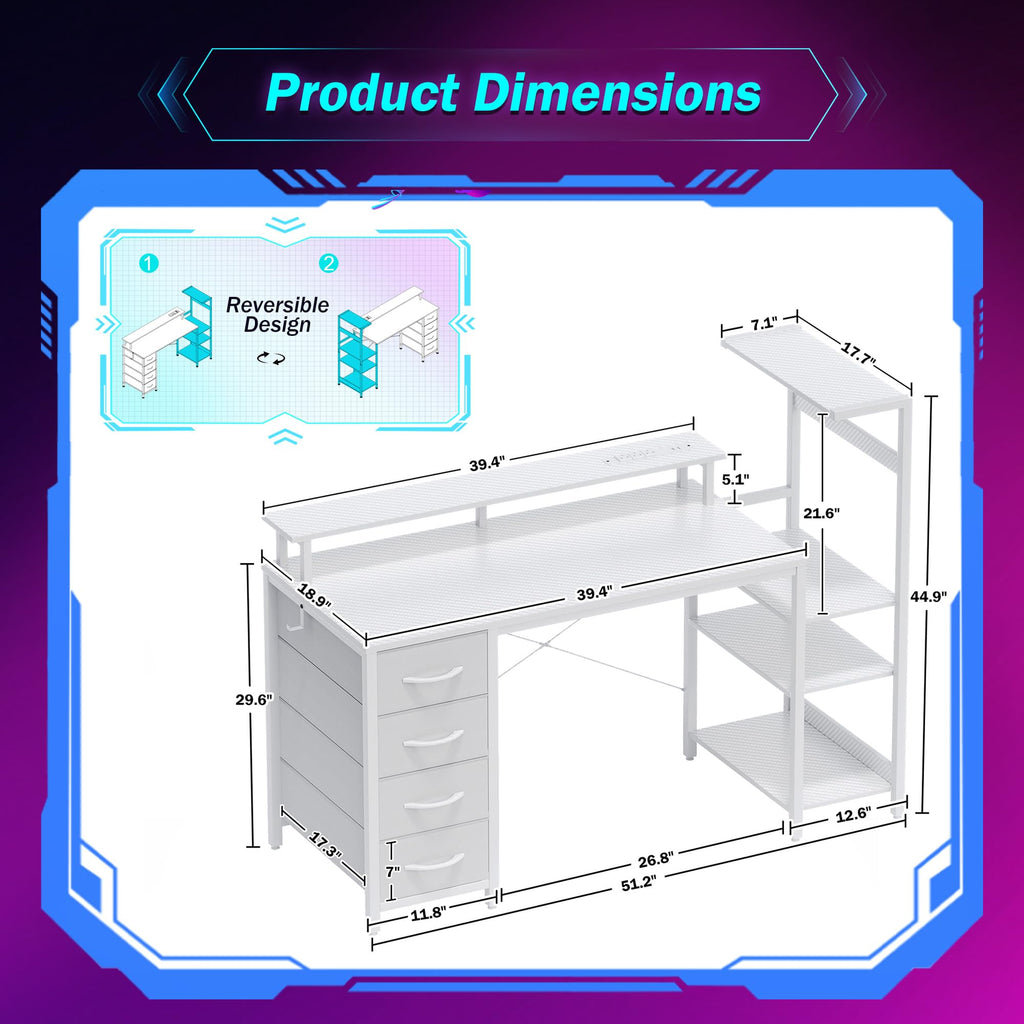 51 Inch White Gaming Desk with Drawers N455071