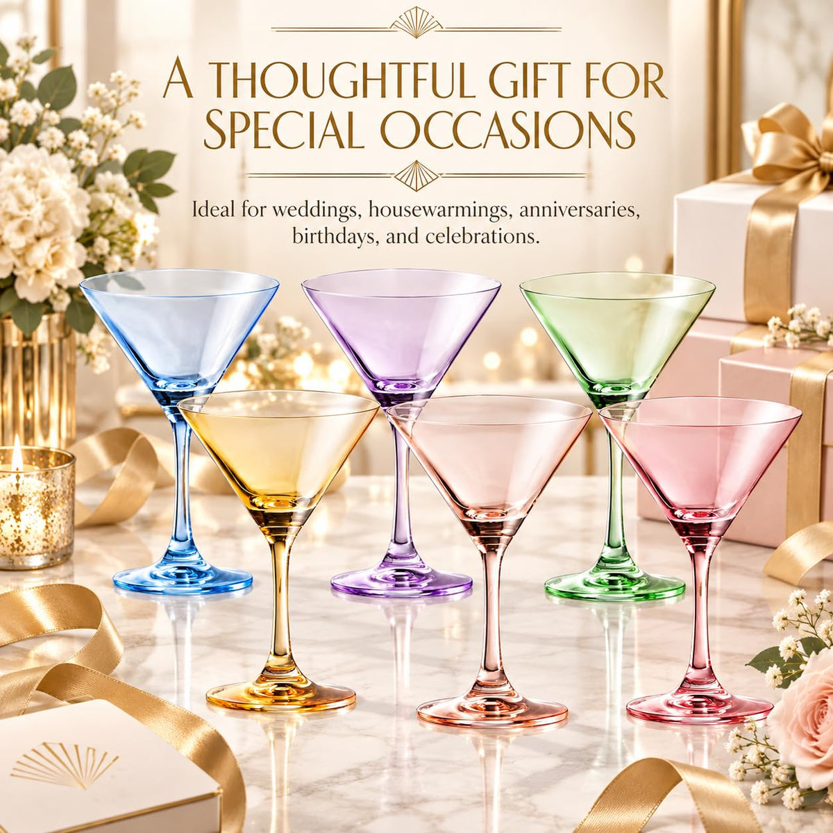 Martini Glasses Set of 6, 8oz Crystal Hand-Blown Colored S655