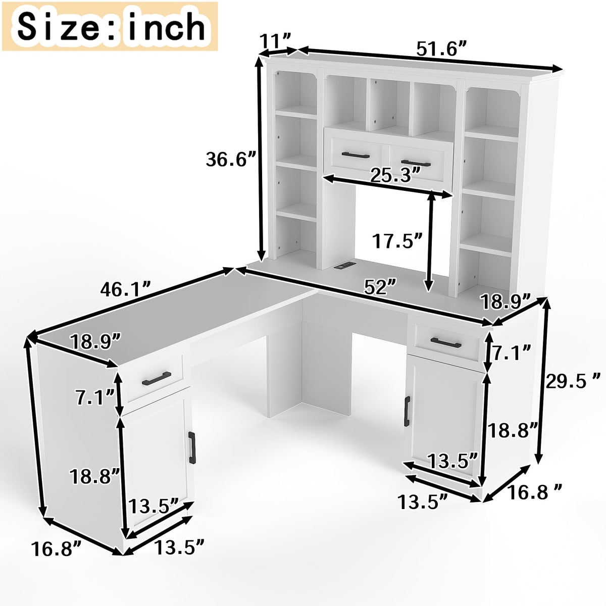 65 Inch White L Shaped Computer Desk with Hutch and Drawers T39128