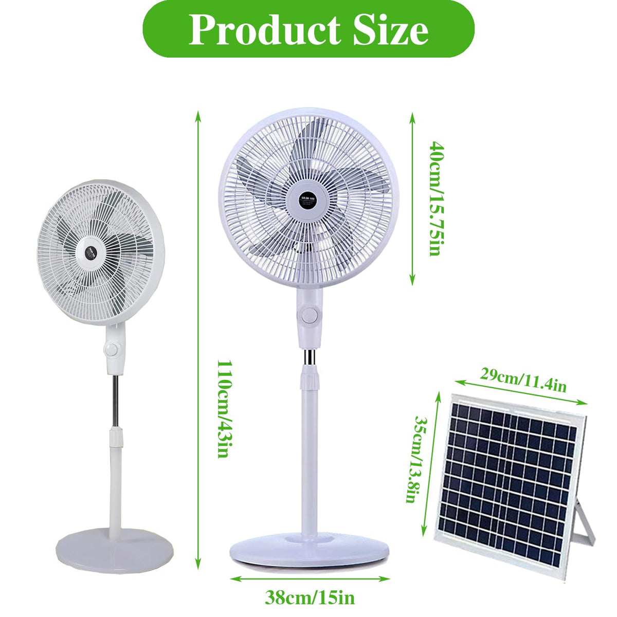 16" Oscillating Solar Floor Fan, Height Adjustable, 10000mah Battery, 3 Speeds, White I7021