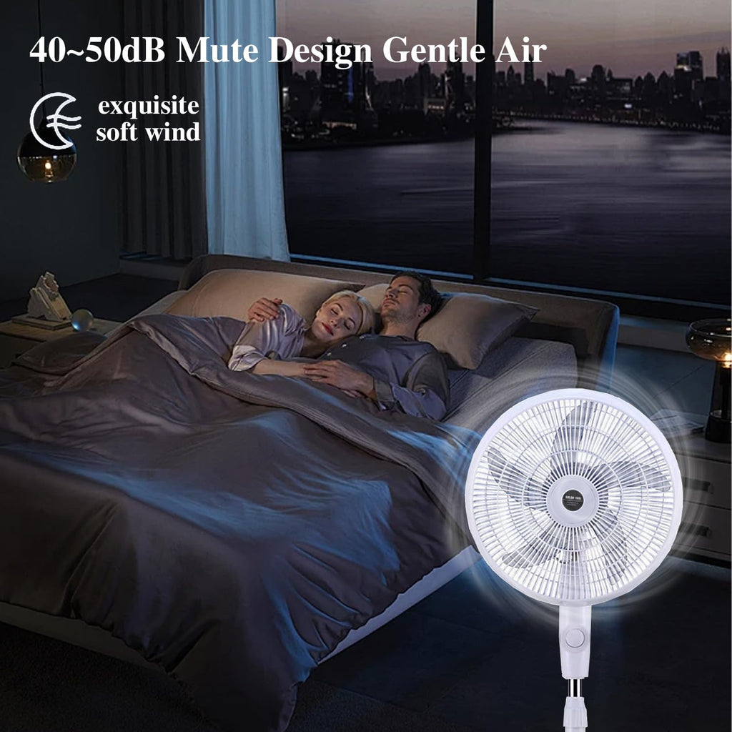 16" Oscillating Solar Floor Fan, Height Adjustable, 10000mah Battery, 3 Speeds, White I7021
