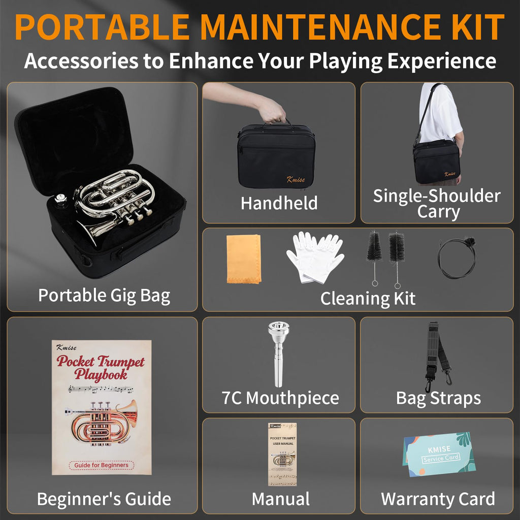 Bb Portable Pocket Trumpet with Case, 7C Mouthpiece and Cleaning Kit P123