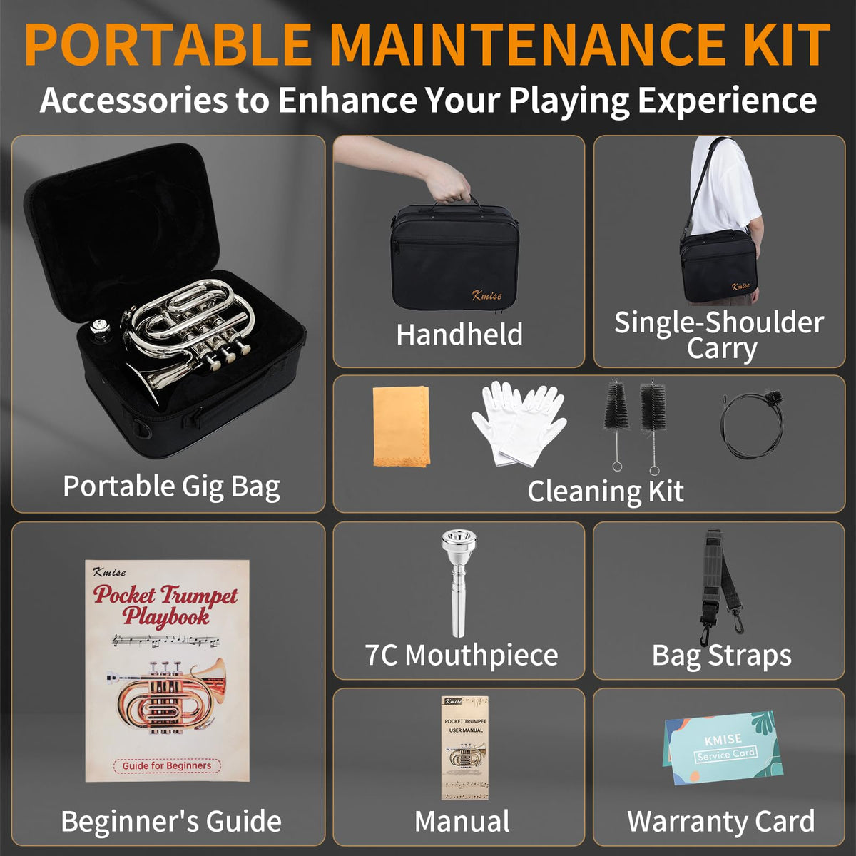 Bb Portable Pocket Trumpet with Case, 7C Mouthpiece and Cleaning Kit P123