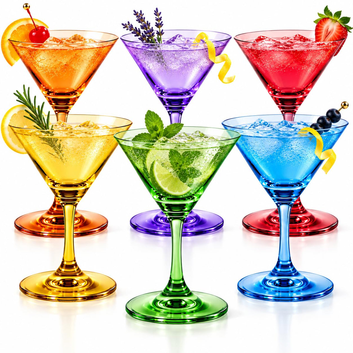 Martini Glasses Set of 6, 8oz Crystal Hand-Blown Colored S655