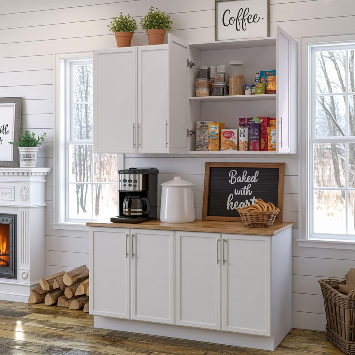 60" W White Laundry Room Wall Cabinets with Adjustable Shelf N269