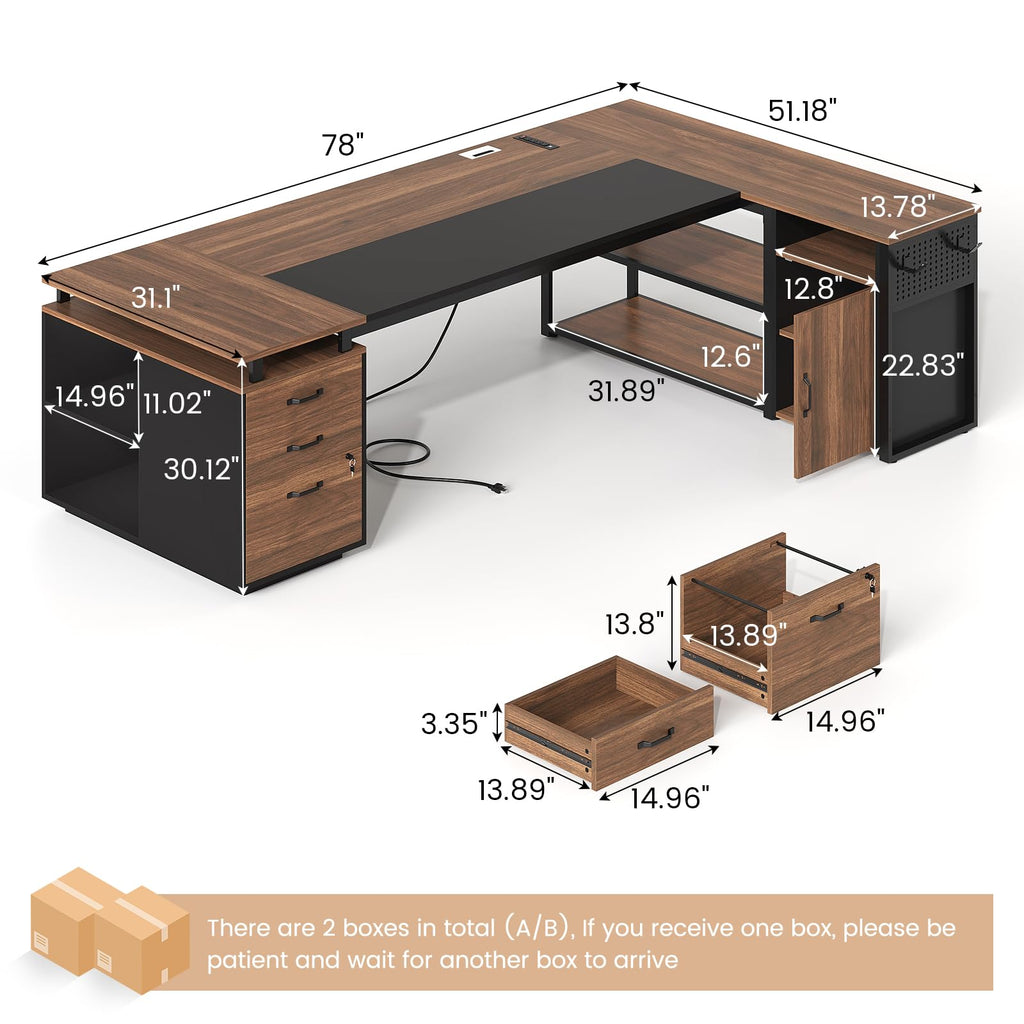 78" Walnut L Shaped Executive Desk with File Cabinet and Outlets V40468
