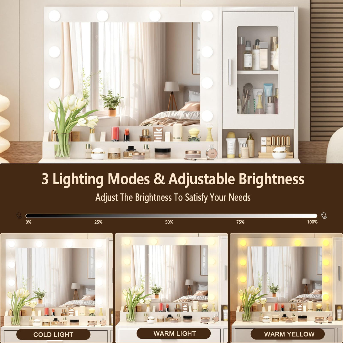 Makeup Vanity Desk Set with LED Lights Mirror Chair N949
