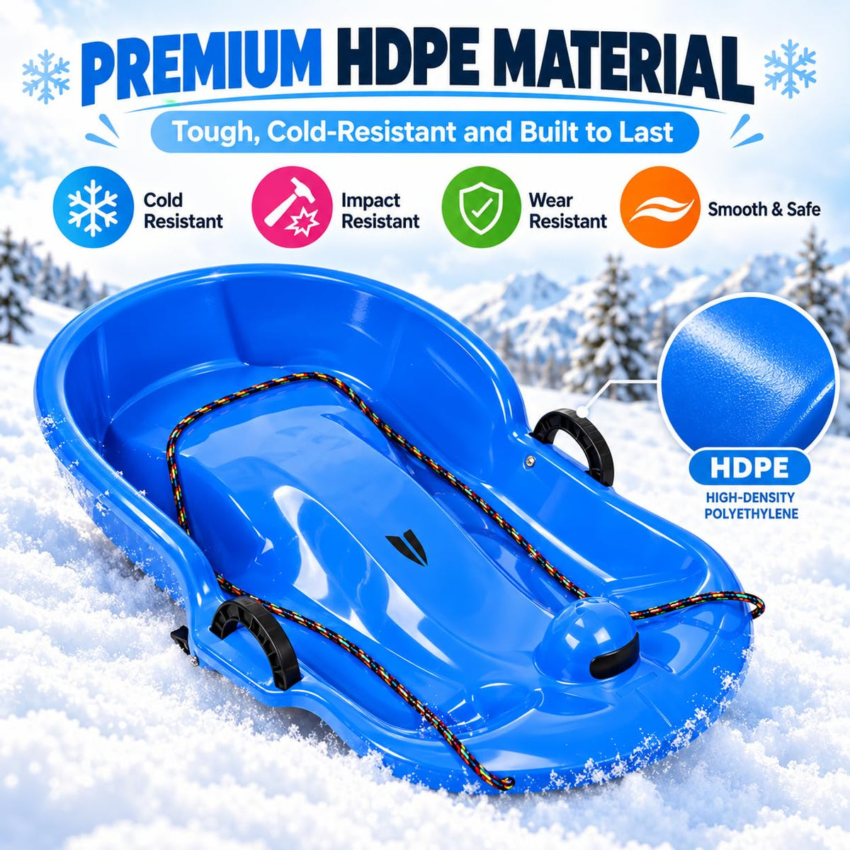 2 Pack 65cm Plastic Snow Sleds with Brake Handles and Pull Rope S844942
