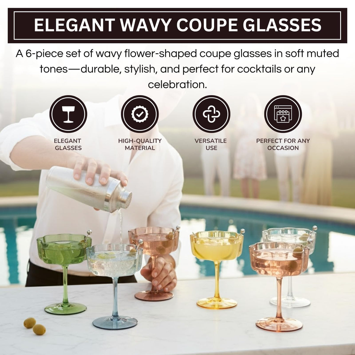 Shatterproof Acrylic Pastel Coupe Glasses 6 Set 8.5oz I713
