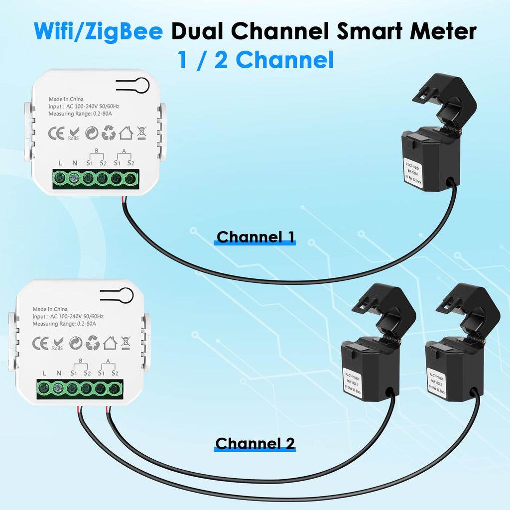Smart Home Energy Monitor 2×80A Dual-Channel WiFi Energy Meter with App Control T5767