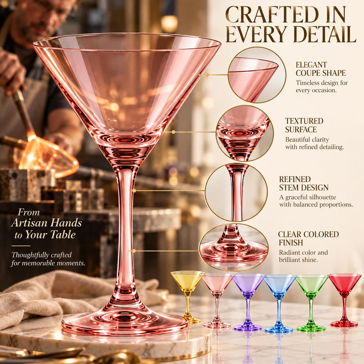 Martini Glasses Set of 6, 8oz Crystal Hand-Blown Colored S655