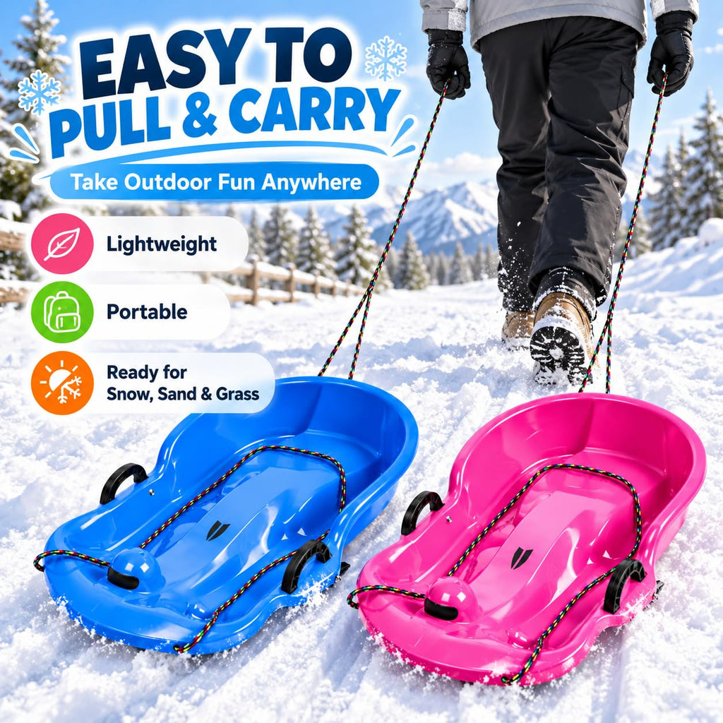2 Pack 65cm Plastic Snow Sleds with Brake Handles and Pull Rope S844942