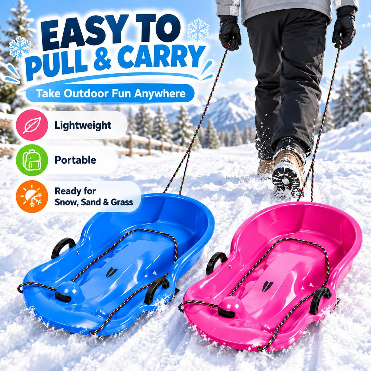 2 Pack 65cm Plastic Snow Sleds with Brake Handles and Pull Rope S844942