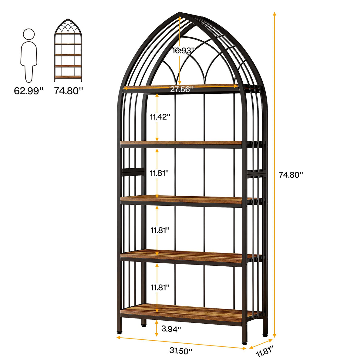 5-Tier 74.8-Inch Tall Curved Wood Bookshelf with Metal Frame D76730