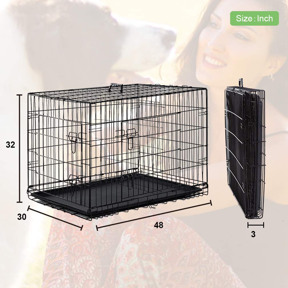 Large Double Door Folding Dog Crate with Divider and Tray E48211