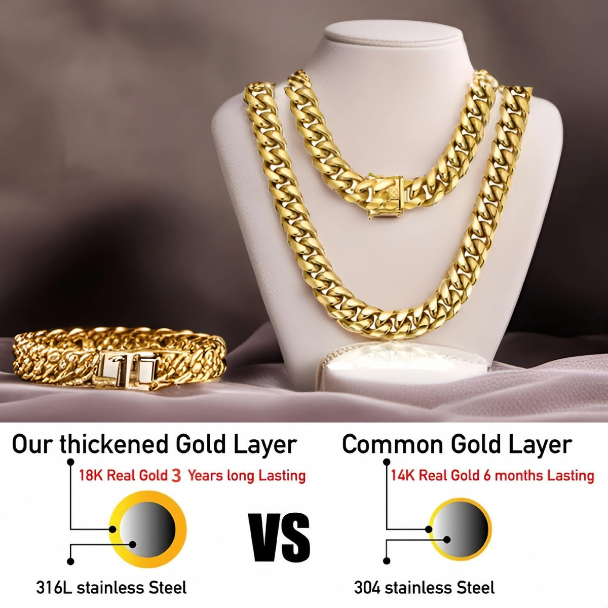 15mm 18k Gold Stainless Steel Cuban Link Chain E939