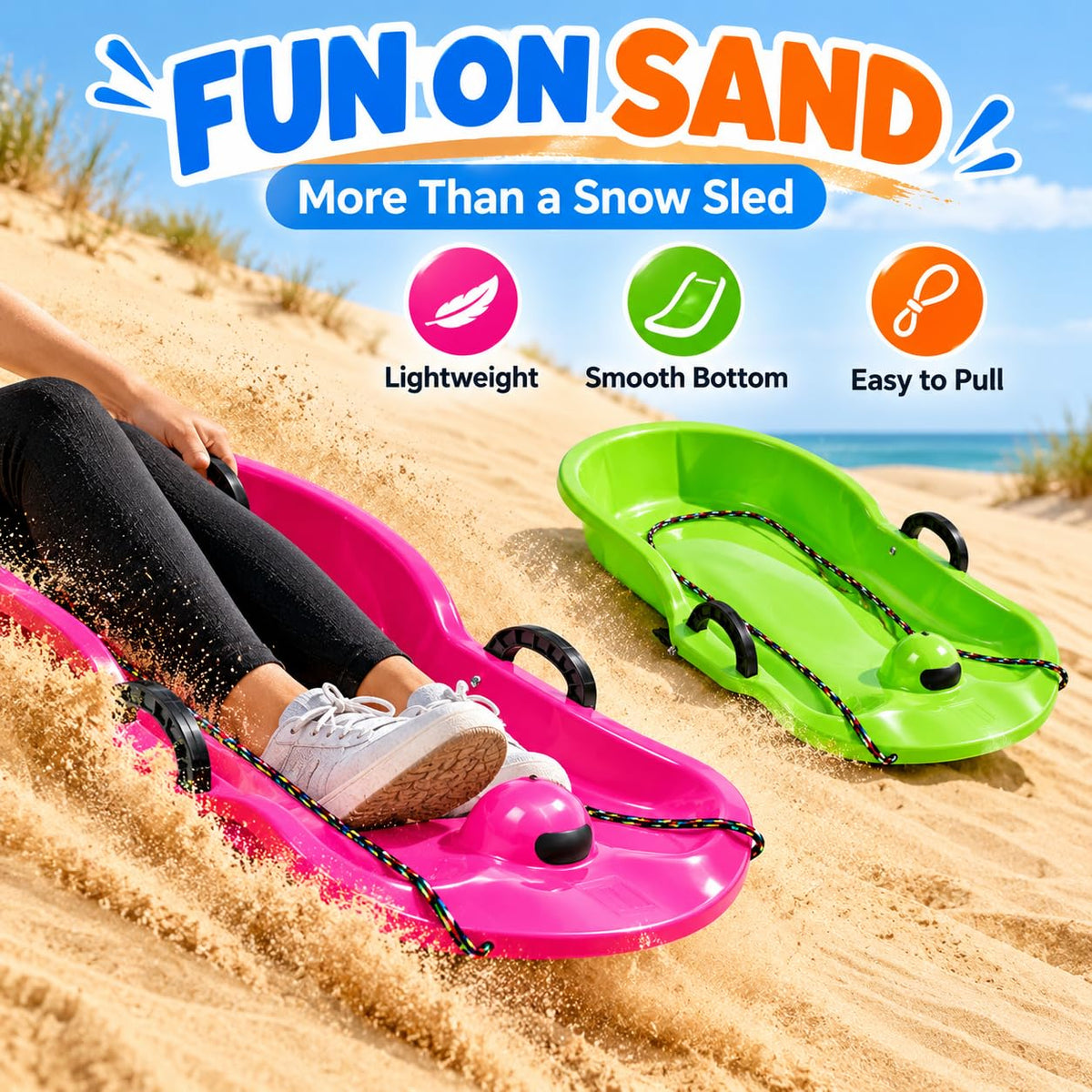 2 Pack 65cm Plastic Snow Sleds with Brake Handles and Pull Rope S844942