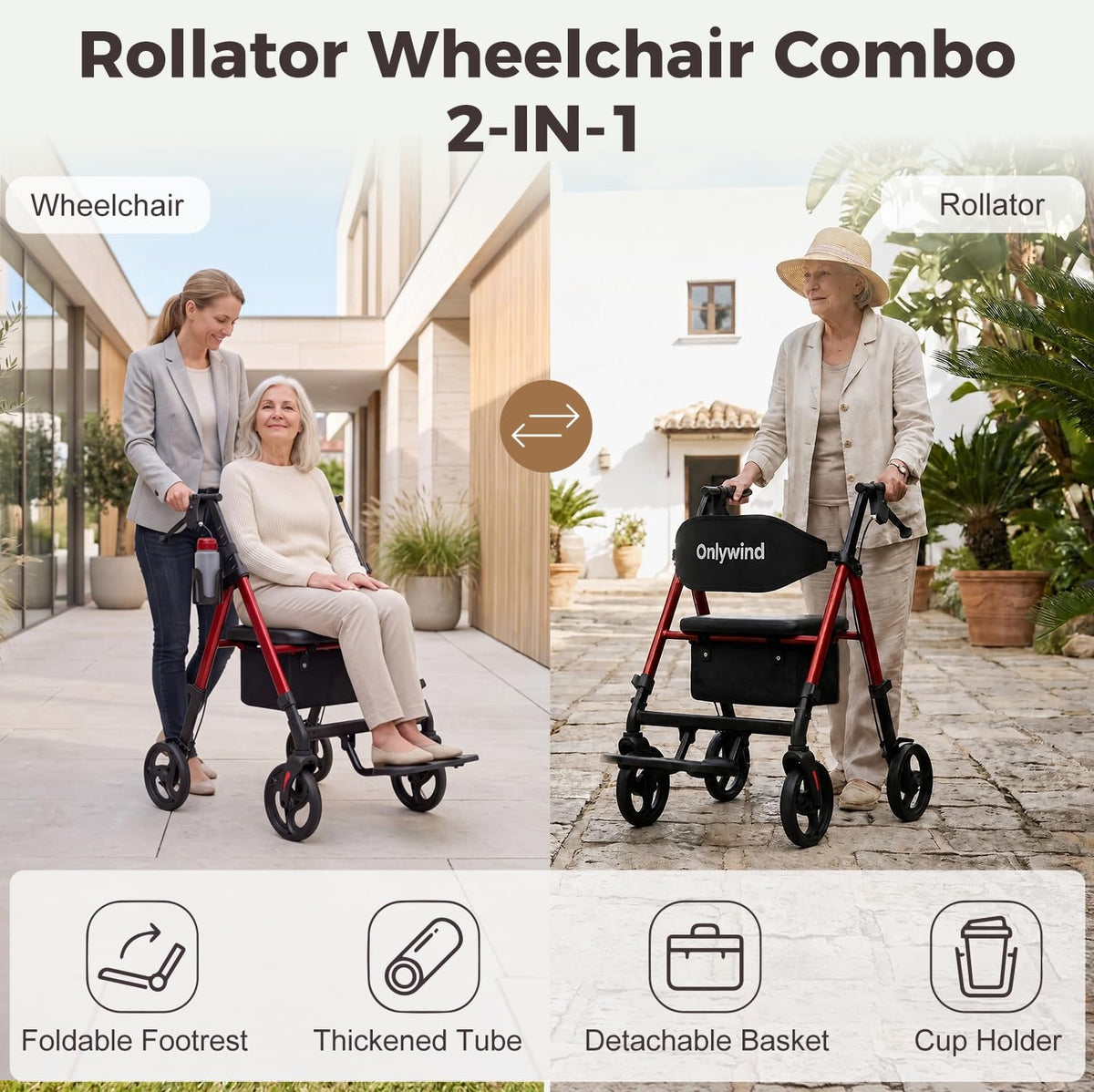Lightweight Rollator Walkers Wheelchair Combo with Seat K6890