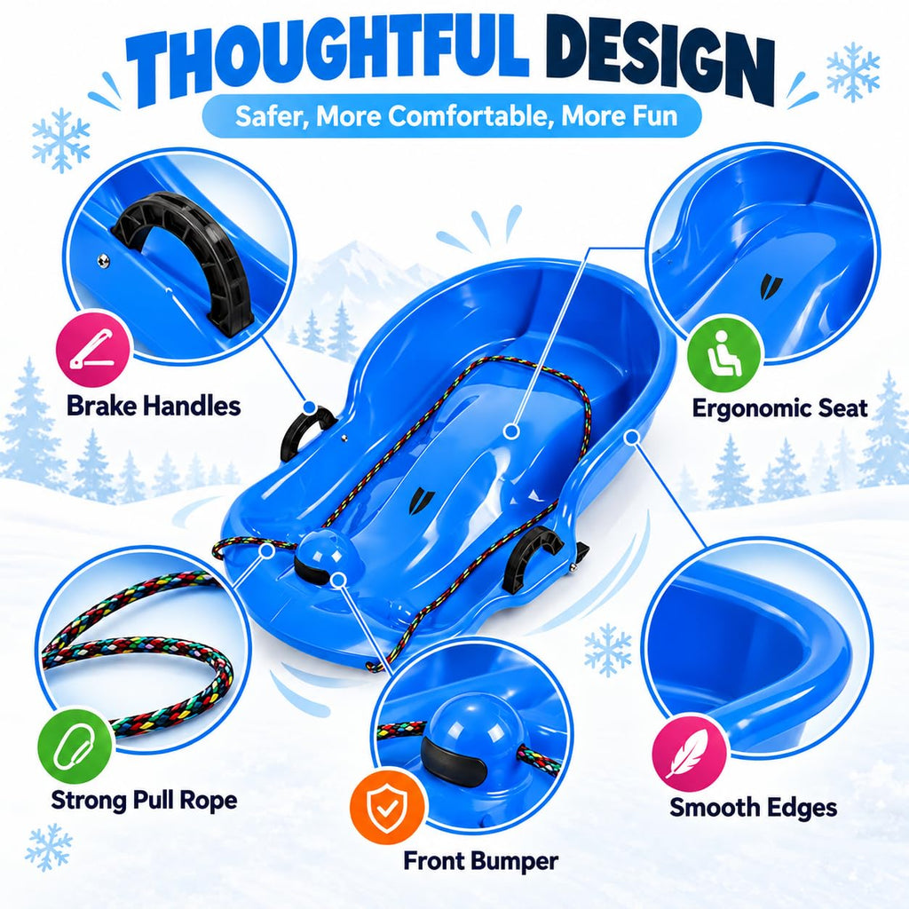2 Pack 65cm Plastic Snow Sleds with Brake Handles and Pull Rope S844942