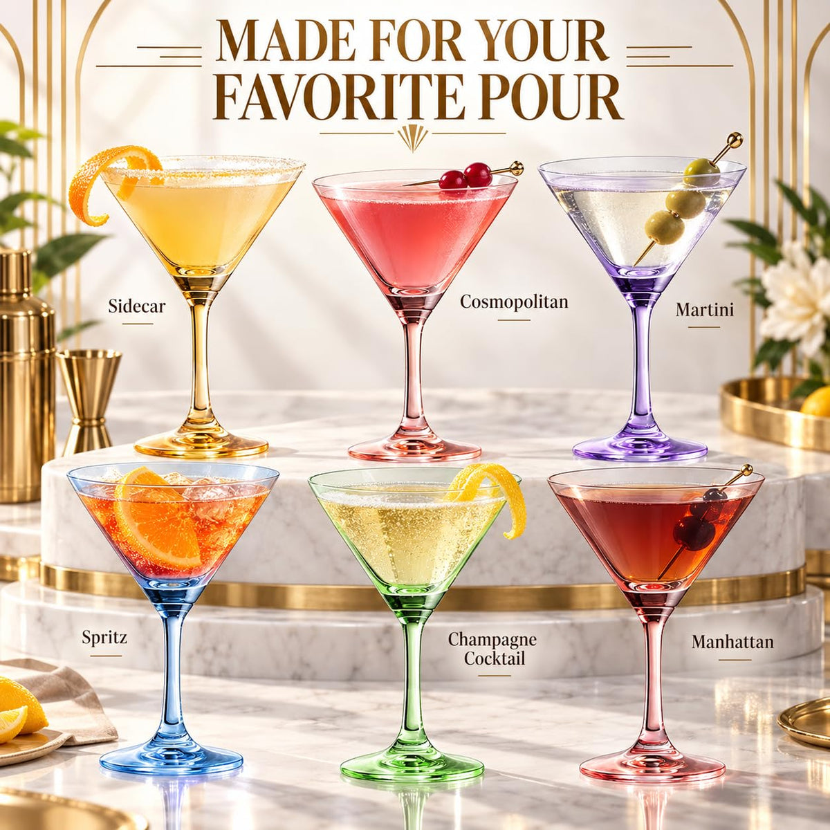 Martini Glasses Set of 6, 8oz Crystal Hand-Blown Colored S655