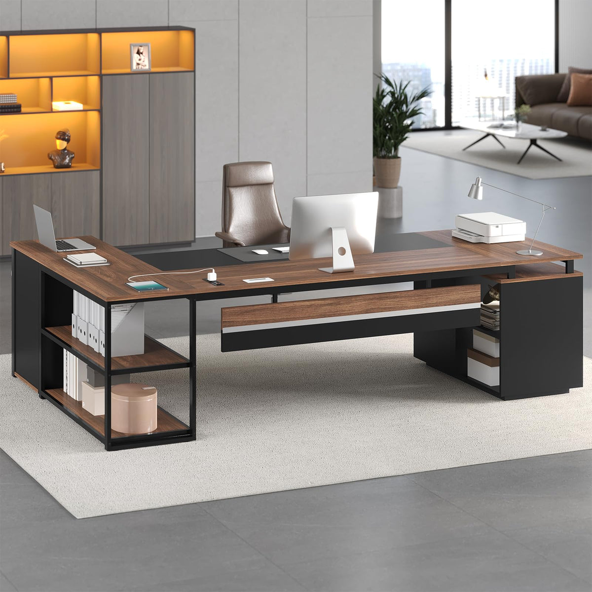 78" Walnut L Shaped Executive Desk with File Cabinet and Outlets V40468