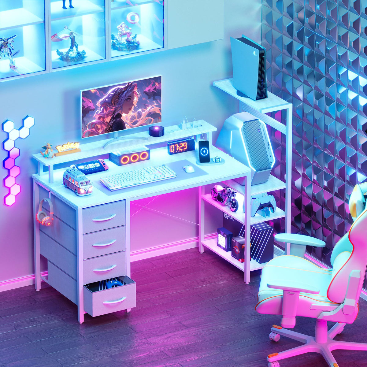 51 Inch White Gaming Desk with Drawers N455071