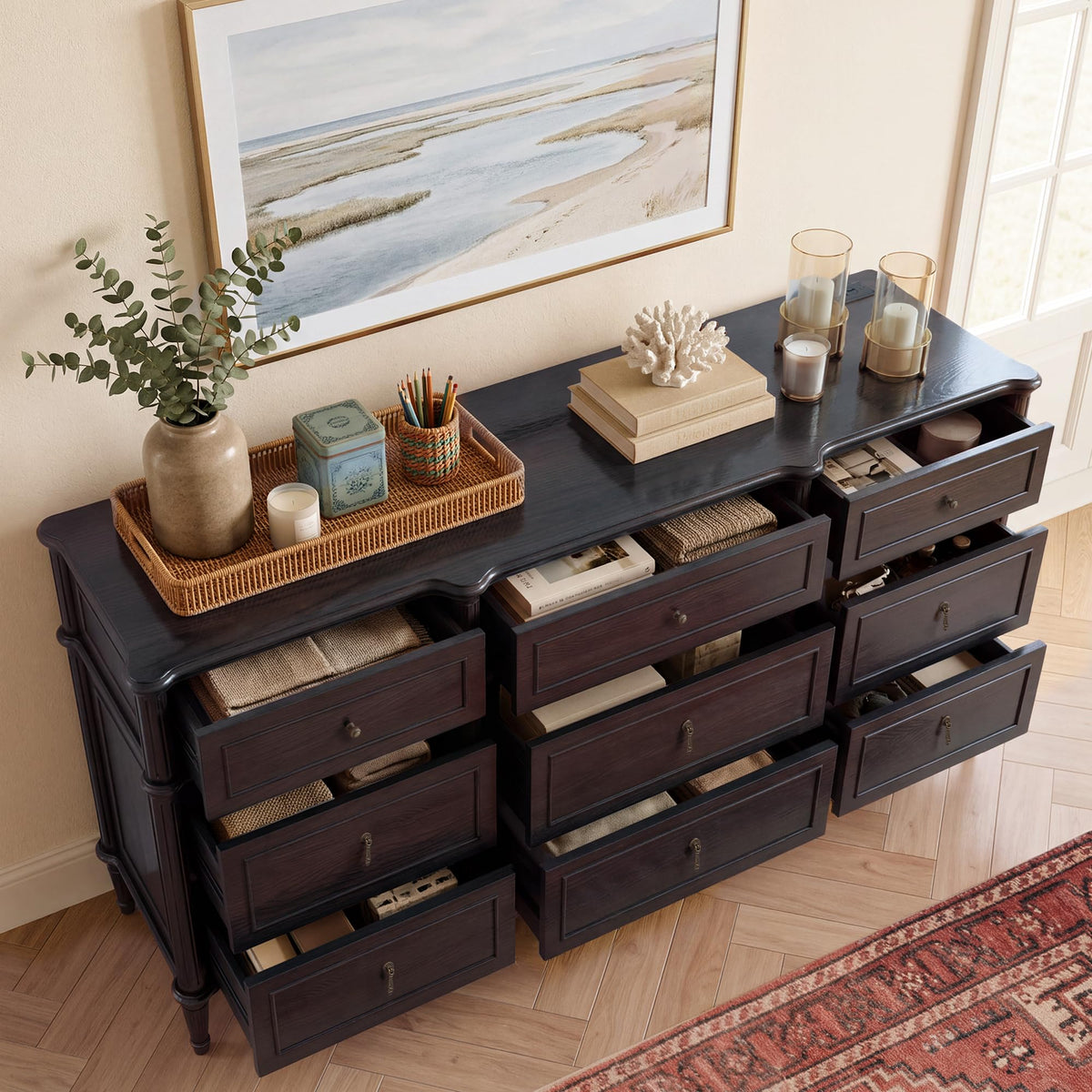Black 9 Drawer Wood Dresser L615