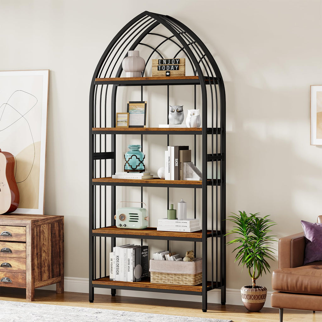 5-Tier 74.8-Inch Tall Curved Wood Bookshelf with Metal Frame D76730